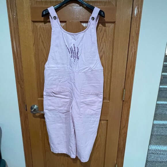 Vtg COUNTRY STORE Overalls Women's XL Pink Flower Embroidered Wide Leg Crop - Picture 1 of 5
